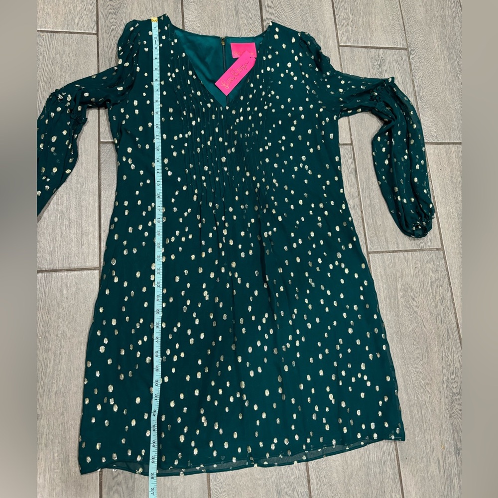 Lilly Pulitzer Cleme Silk Dress in Spruce Green Gold Metallic Silk Clip Size 10 - Picture 6 of 8